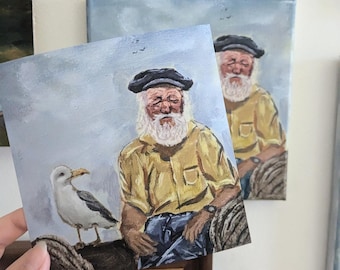 Fisherman Art Print: Coastal Old Man Portrait with Seagull (5x5) Fisherman Gift