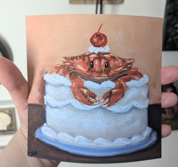 Crab cake art print,nautical painting quirky art,cute kitchen decor, crustacean art print, crab decor ,coastal grandma, coastal wall art