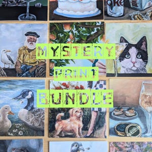May include: A collection of square art prints featuring various painted scenes including a cat, a cake, a seagull with a person, a dog, a goose, and caviar, with the bright green text MYSTERY PRINT BUNDLE overlaid across the center of the image.