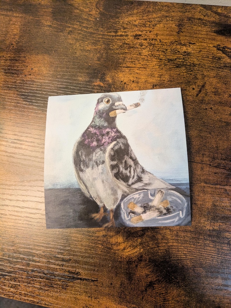 May include: A square print featuring a pigeon with a lit cigarette in its beak, and an ashtray with cigarette butts. The pigeon has purple and gray feathers. The background is a light blue.
