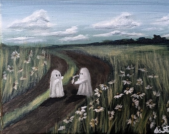 May include: Two white ghosts in a field of daisies, one ghost is holding a bouquet of flowers and the other is looking at the flowers.