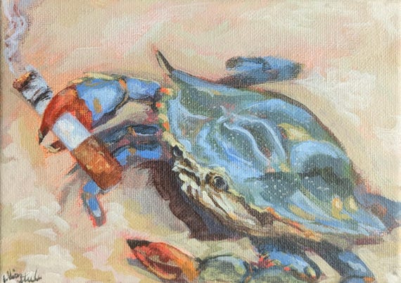 Weird crab painting, cigarette wall art, weird gifts for friends