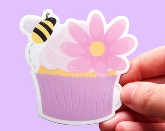 Bee Vinyl Sticker, Cupcake Sticker, Waterproof Sticker, Kawaii Sticker, Cute Bee Art, Food Sticker, Bumble Bee Sticker, Bee Keeper Gift