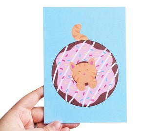 Cute Cat Art Print, Food Illustration, 5x7 Print, Kawaii Art Print, Doughnut Art, Funny Cat Artwork, Cat Mom Art Print