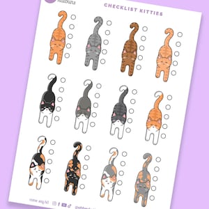 May include: A white paper with the text "CHECKLIST KITTIES" and illustrations of various cat breeds. Each cat illustration is paired with a series of small circles for checklist purposes. The paper has a purple background and the text "oh hey katbuns".
