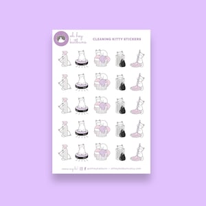 Cleaning Cat Planner Stickers, Cute Cat Stickers, Laundry, Spray Bottle, Vacuuming, Mopping, Taking Out the Trash, Sticker Sheet, Chores