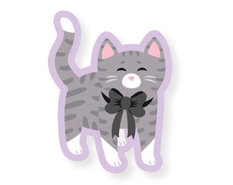 Gray Tabby Cat Vinyl Sticker, Cute Cat, Waterproof Sticker, Laptop Stickers, Water Bottle Stickers, Kawaii Cat, Cat Lady Art, Bow Sticker