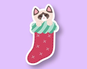 Stocking Cat Vinyl Sticker, Christmas Cat, Cute Cat, Waterproof Sticker, Laptop Stickers, Water Bottle Stickers, Ragdoll, Cat People Gift