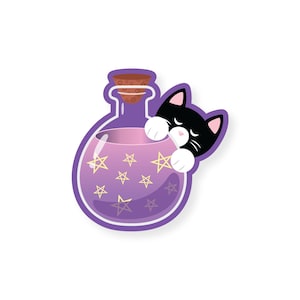 Magic Potion Bottle Sticker, Vinyl Sticker, Cute Cat Sticker, Waterproof Sticker, Water Bottle Sticker, Sleeping Cat, Witchy Sticker, Tuxedo