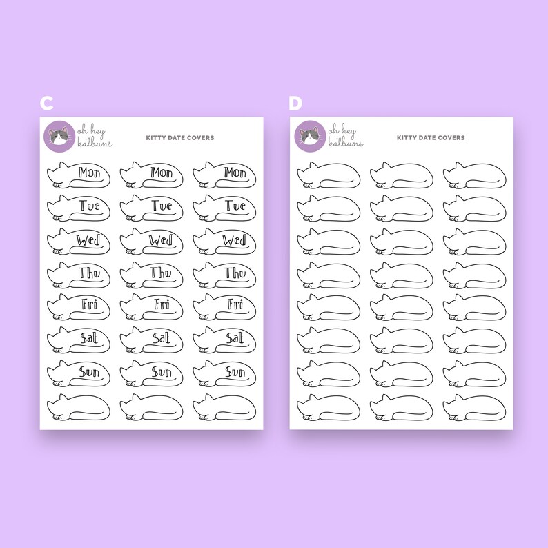 May include: Two sheets of printable stickers featuring a cat design. The stickers are for use as kitty date covers. The first sheet has the days of the week written on each sticker. The second sheet has blank stickers.