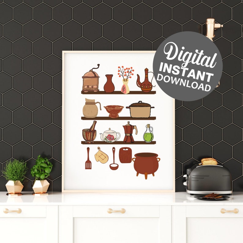 Vintage Kitchen Utensils Art Print Retro Kitchen Print Mid Etsy