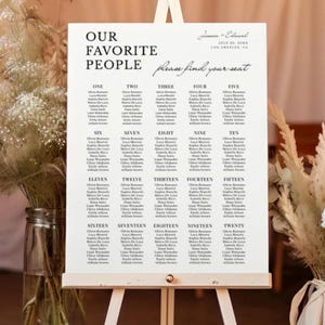 May include: A white seating chart on an easel with the text "OUR FAVORITE PEOPLE" and guest names. The chart is for a wedding, with the names organized by table number. The background includes dried flowers.
