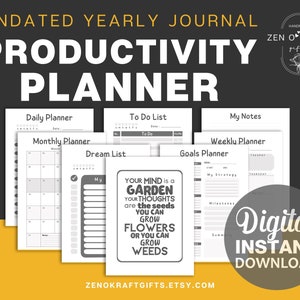 Planificador sin fecha, diario, semanal, mensual, tareas, notas, imprimible de productividad, Tu mente es un jardín, tamaño A5, A4, carta, Happy Planner.