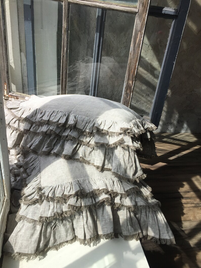Linen pillowcase with three frills and fringe 4 sides Organic Etsy