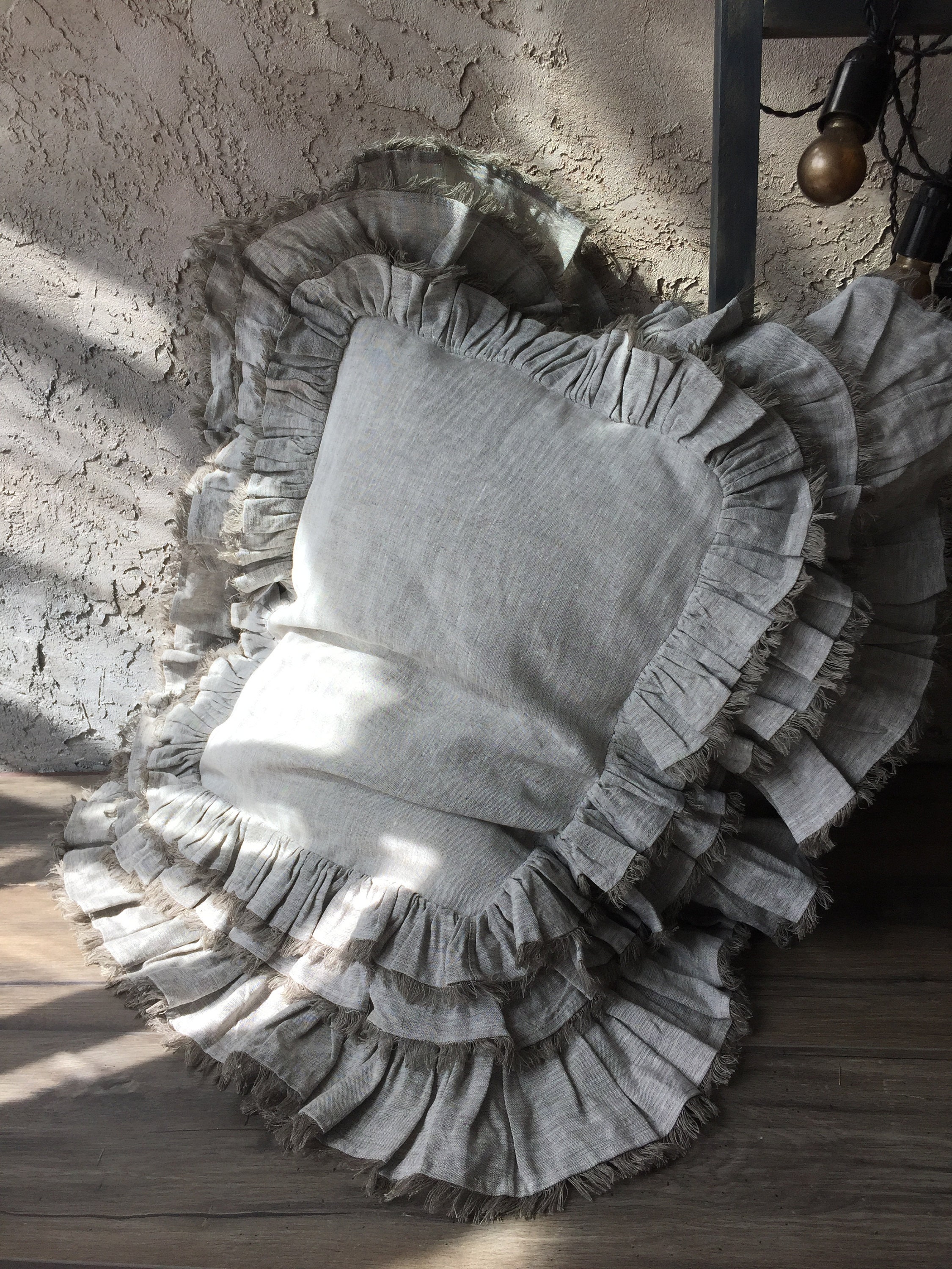 Linen pillowcase with three frills and fringe 4 sides Organic Etsy