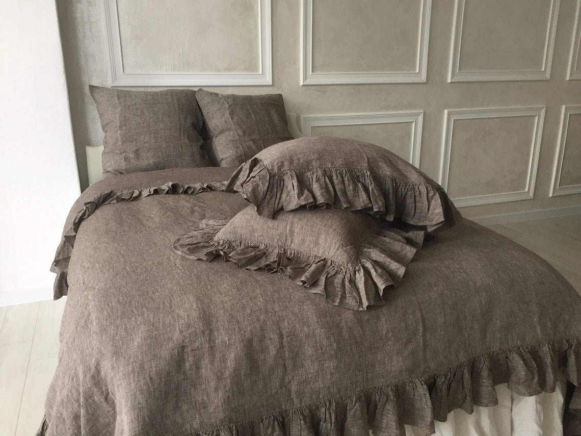 Duvet cover linen with frills on 4 sides Shabby chic Romantic Etsy