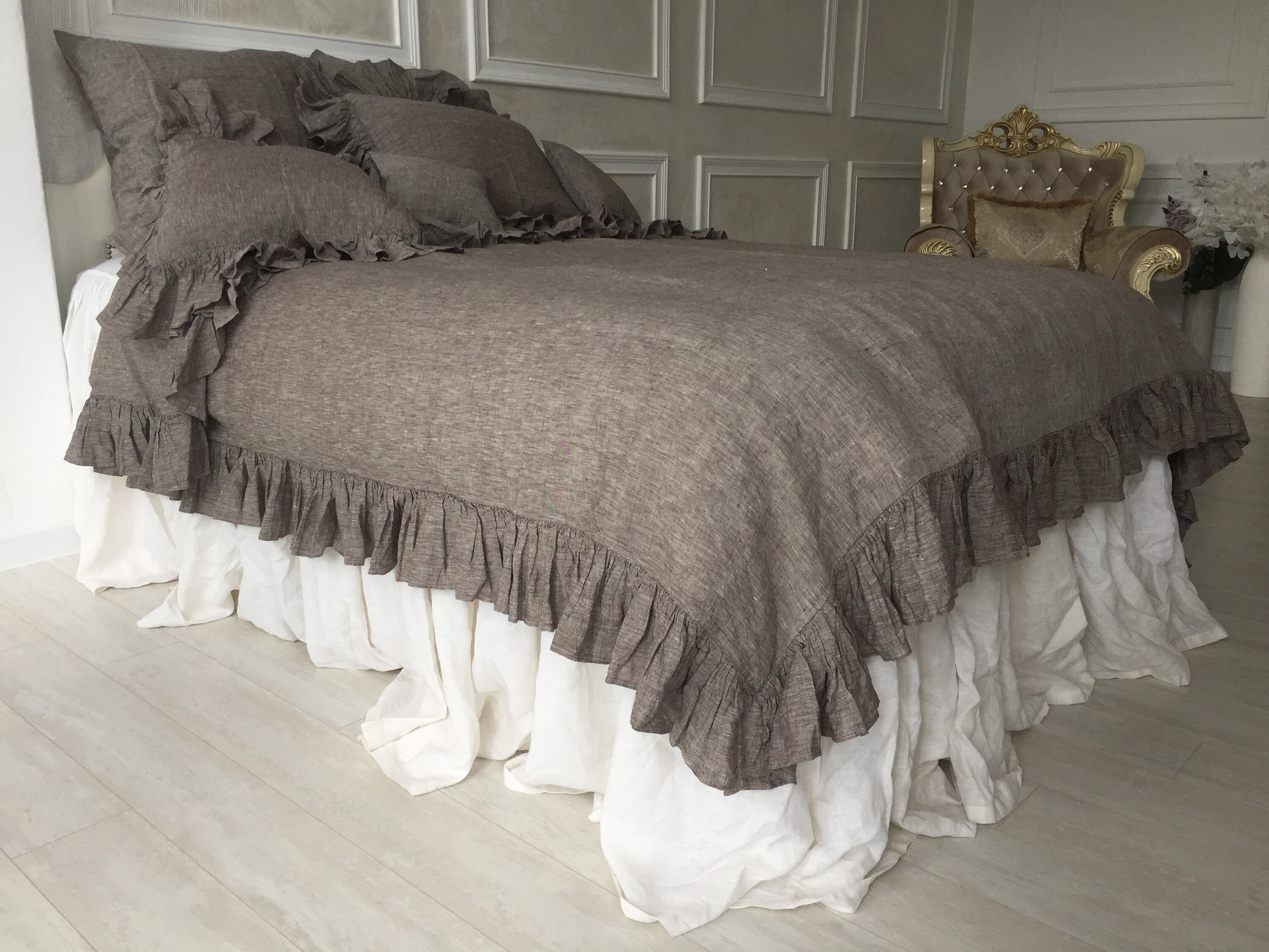 Duvet cover linen with frills on 4 sides Shabby chic Romantic Etsy