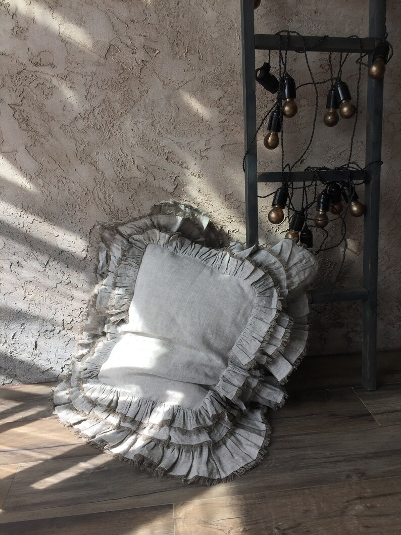Linen pillowcase with three frills and fringe 4 sides Organic Etsy
