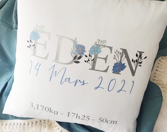 Coussin de naissance -décoratif-pour bébé-coussin mignon-doux- personnalisation-cadeau unique-cadeau de naissance-a offrire