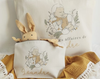 Duo " Sac  et Pochette" personnalisé pour bébé-idée cadeau-cadeau nouveaux nés-