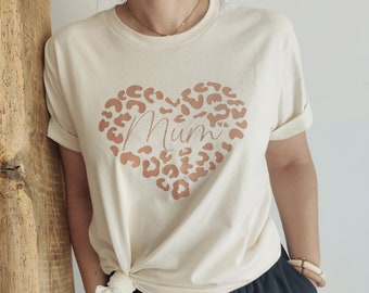 T-Shirt écru grand coeur léopard avec paillettes pour cadeau fête des mères