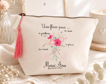 Pochette Merci Maîtresse personnalisée | Cadeau maîtresse fin d’année | Trousse coton fleurie | Cadeau école nounou atsem