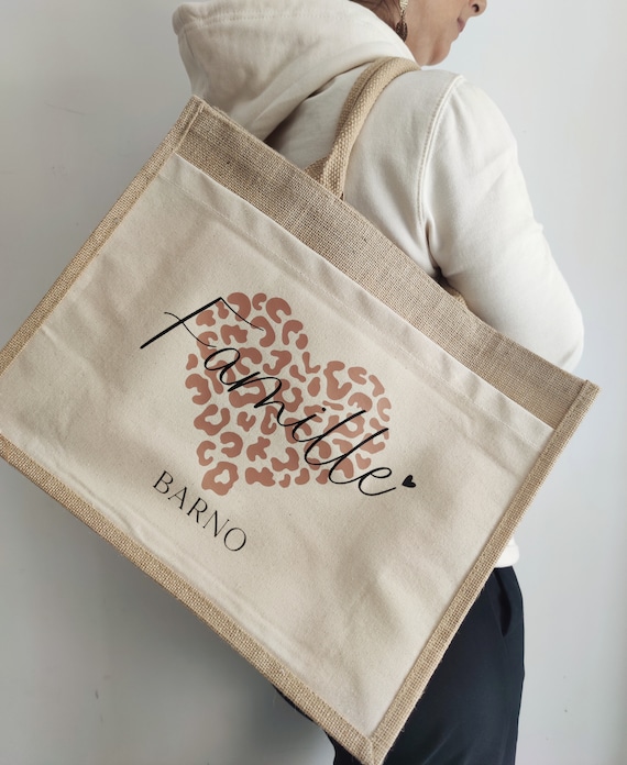 Cabas toile de jute pour femme coeur léopard à personnaliser pour