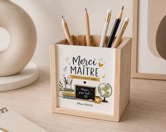 Pot à crayons personnalisé Merci Maître | Cadeau maître fin d’année | Cadeau instituteur personnalisé