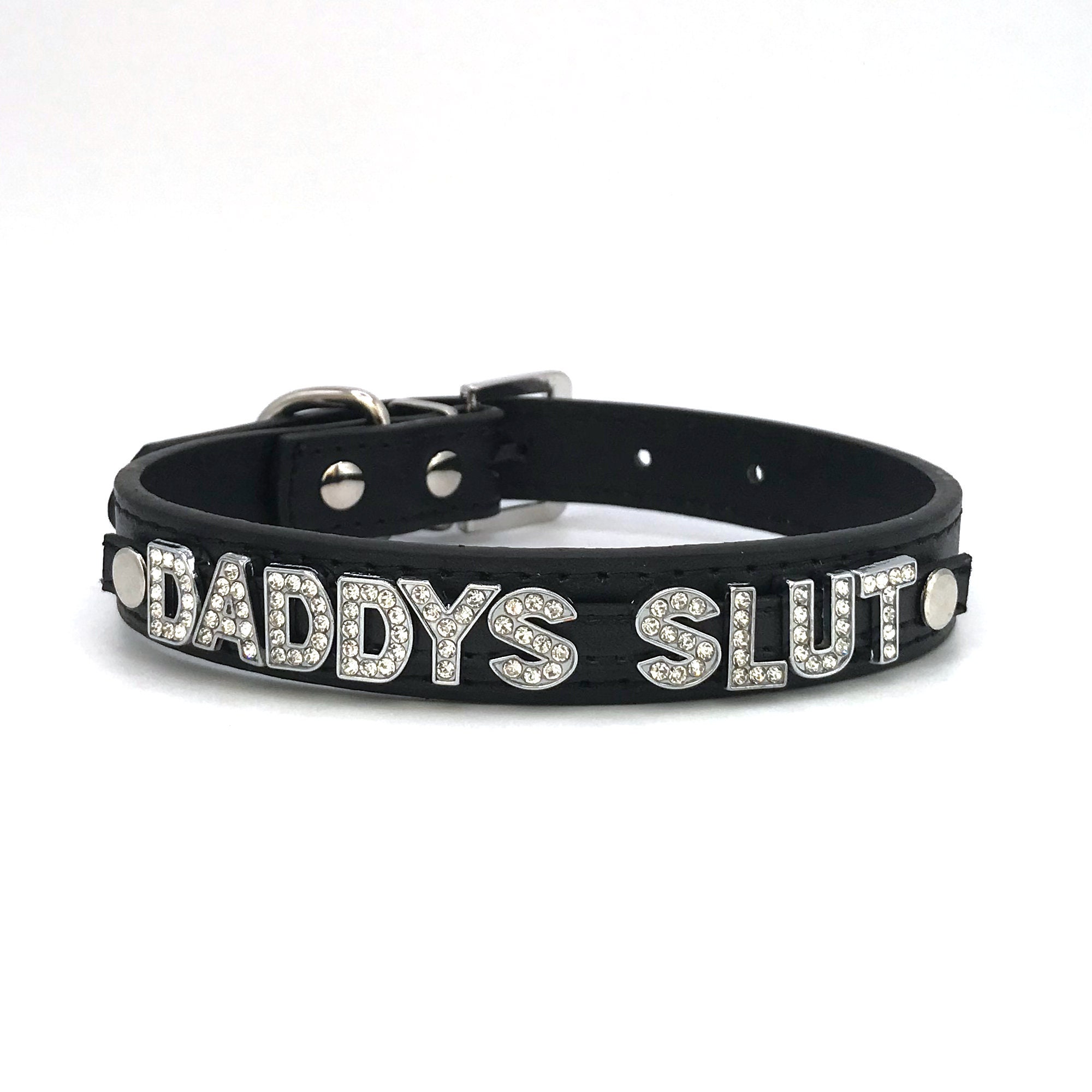 Daddys Slut BDSM Collar Vegan Leather Choker Rhinestone image