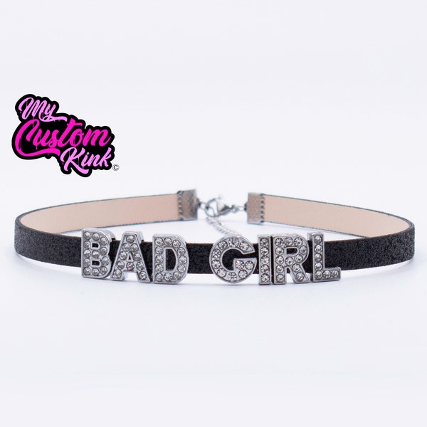 Bad Girl Choker - Alphabet Any Name Text - Plain Choker Velvet Vegan Leather Collar Glitter