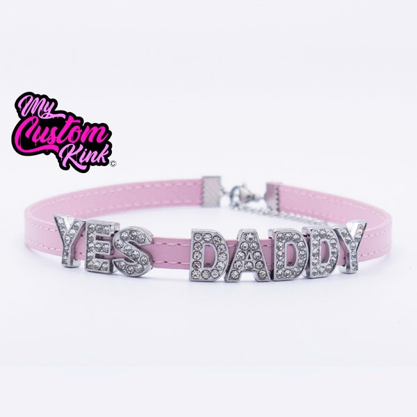 Yes Daddy Choker - Alphabet Any Name Text - Plain Choker Velvet Vegan Leather Collar Glitter