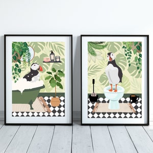 Set of Two Puffin Bathroom Prints. One Puffin in the Bath and one Puffin on The Toilet. Bathroom Art.