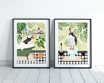 Set of Two Puffin Bathroom Prints. One Puffin in the Bath and one Puffin on The Toilet. Bathroom Art.