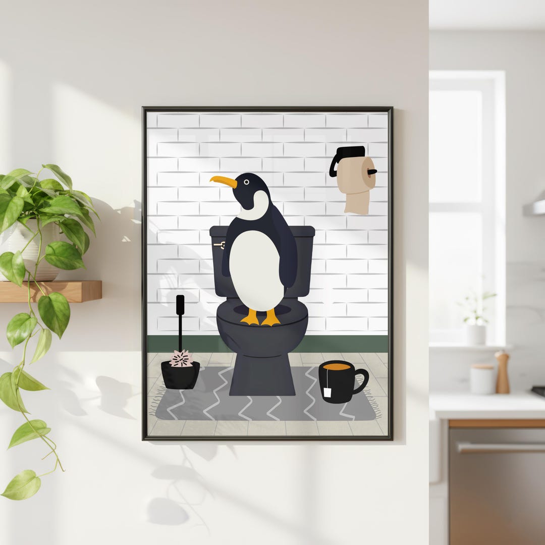 Penguin on the Toilet in a White Bathroom Print. Funny Animal Bathroom ...