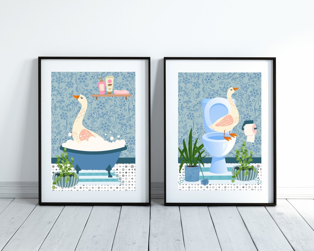 Set of Two Goose Bathroom Prints. One Goose in the Bath and - Etsy