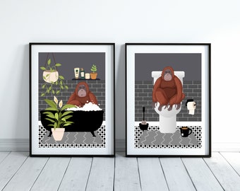 Set of Two Orangutan Bathroom Prints. One Orangutan in the Bath and one Orangutan on The Toilet, Animal in the Bath. Dark Grey Print.