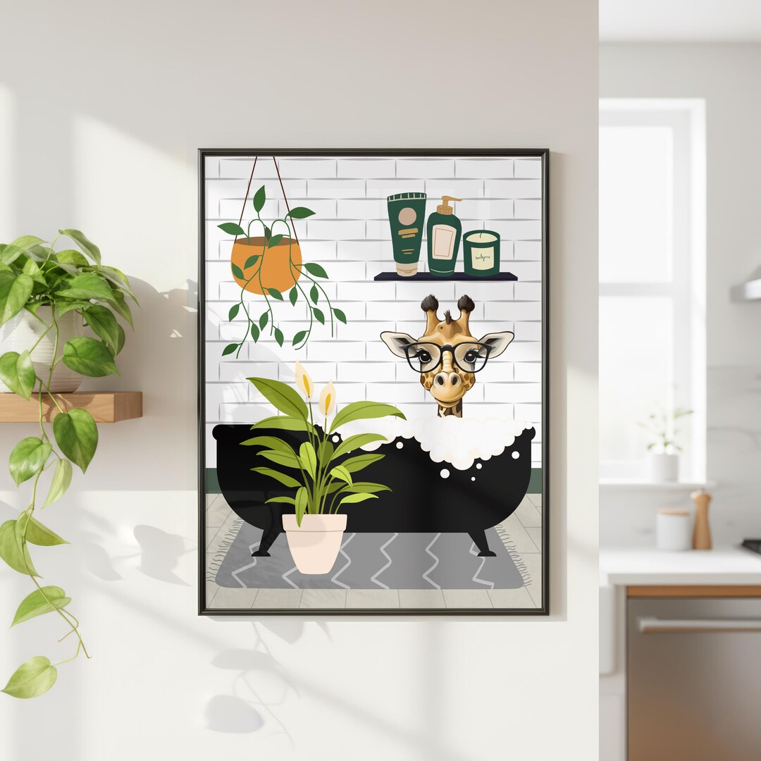 Giraffe in Bathtub Art Print, Funny Bathroom Animal Wall Decor. - Etsy