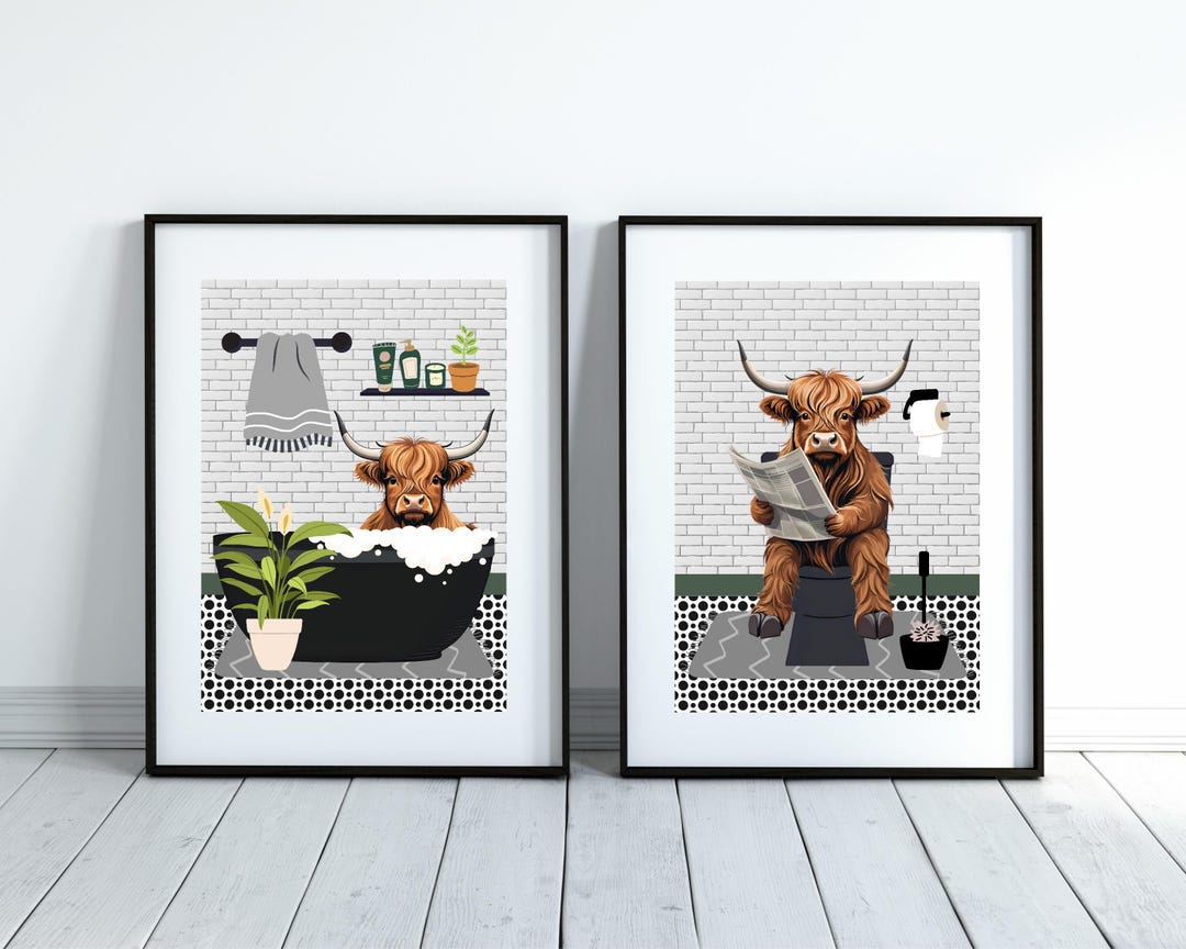 Highland Cow Bathroom Prints: Funny Toilet & Bath Art, Set of 2 - Etsy