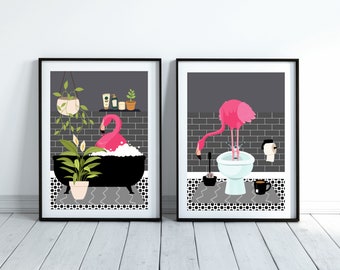 Set of Two Flamingo Bathroom Prints. One Flamingo in the Bath and one Flamingo on The Toilet, Animal in the Bath. Dark Grey Print.