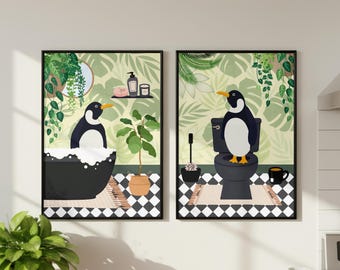 Pinguïn badkamerprints, set van twee, badkamer- en toiletkunst