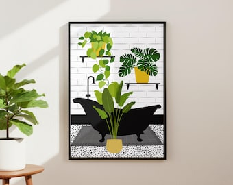Botanisches Bad Kunstdruck. Gelb Maximalist Badezimmer Poster. Bunte WC Wohnkultur.