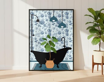 Botanical Bath Art Print. Blue Bathroom Poster. Colourful Bathroom Home Decor.