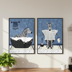Ensemble de deux affiches zèbre bleu pour salle de bain, décoration pour toilettes