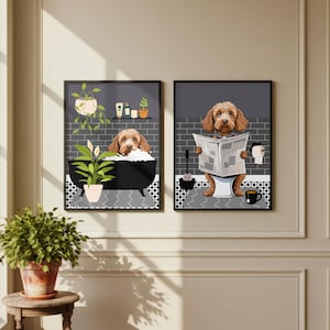 Cockapoo Bathroom Prints, Bath & Toilet Art, Set of Two Grey Cockapoo Bathroom Prints. Funny Pet Portrait Prints. Glossy Prints.