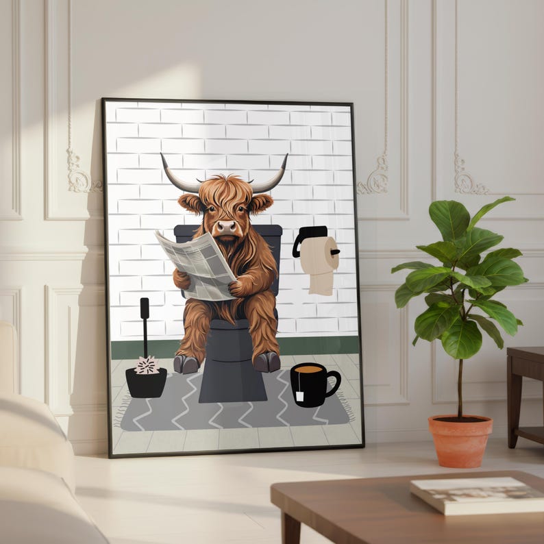 Highland Cow on the Toilet in a White Bathroom Print. Funny Animal ...