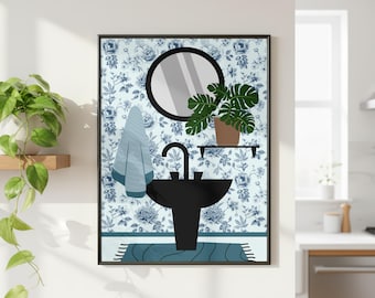 Botanical Sink Art Print. Blue Bathroom Poster. Colourful Bathroom Home Decor.