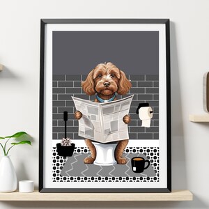 Cavapoo dog on the toilet reading a newspaper. Animal Print. Grey Bathroom Print. Funny Bathroom Print. Cavapoo in the Bathroom.