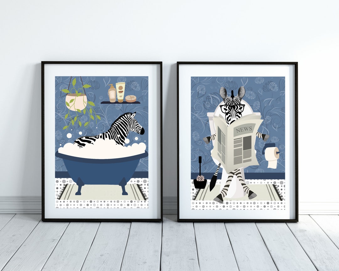 Set of Two Zebra Bathroom Prints. One Zebra in the Bath and One Zebra ...