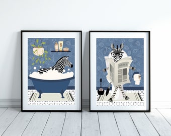 Set of Two Zebra Bathroom Prints. One Zebra in the Bath and one Zebra on The Toilet, Animal in the Bath, Bathroom Art. Dark Blue Print.