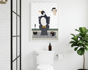 Pinguïn op toilet print | Speelse badkamer muurdecoratie